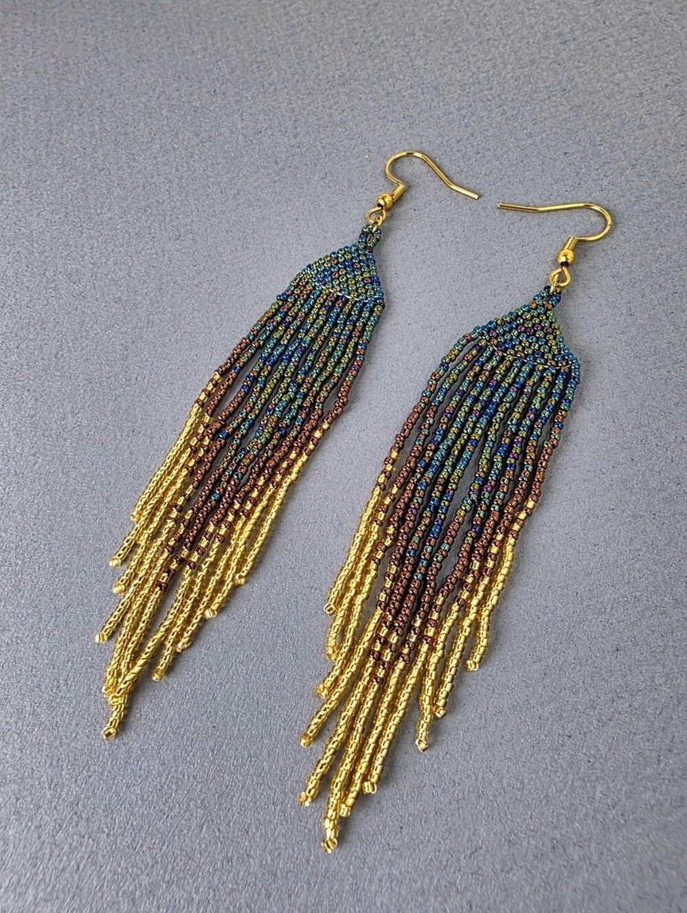 Handmade Willow Luxe Boho Fringe Beaded Earrings - Blue Iridescent Gold - Picture 3 of 3